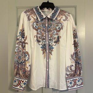 Unique women’s red/blue paisley on cream button down collared shirt. XL